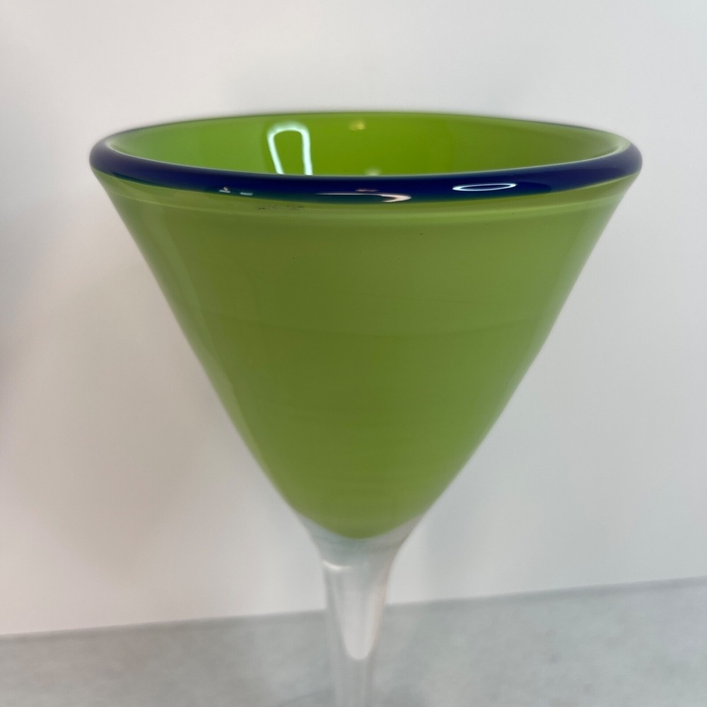 Margarita Martini Cocktail Blown Glass Base Rim Blue and Green Set of 2 - Picture 7 of 12